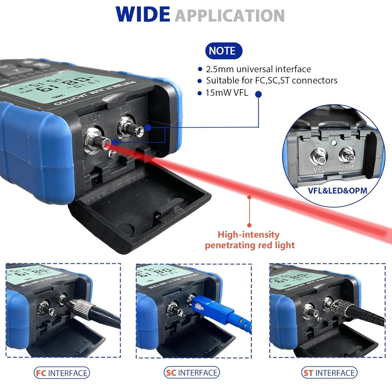 5-In-1 Fiber Tester - Fiber Optic Cable Tester, Portable Optical Power Meter with Fiber Optic Light, Optic Fiber Power Meter FC/SC/ST Universal Interface