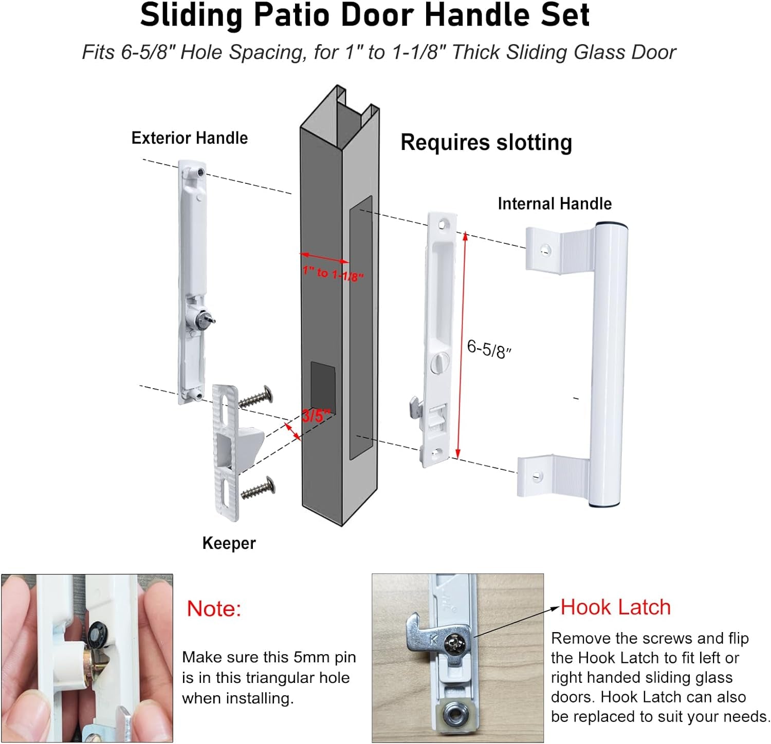 Sliding Glass Door Handle Set with Lock - Easy to Install,Patio Sliding Door Handle Fits for 1 to 1-1/8 Door Thickness,6-5/8" Screw Hole Spacing,Perfectly Replacement for Old Handle(White)