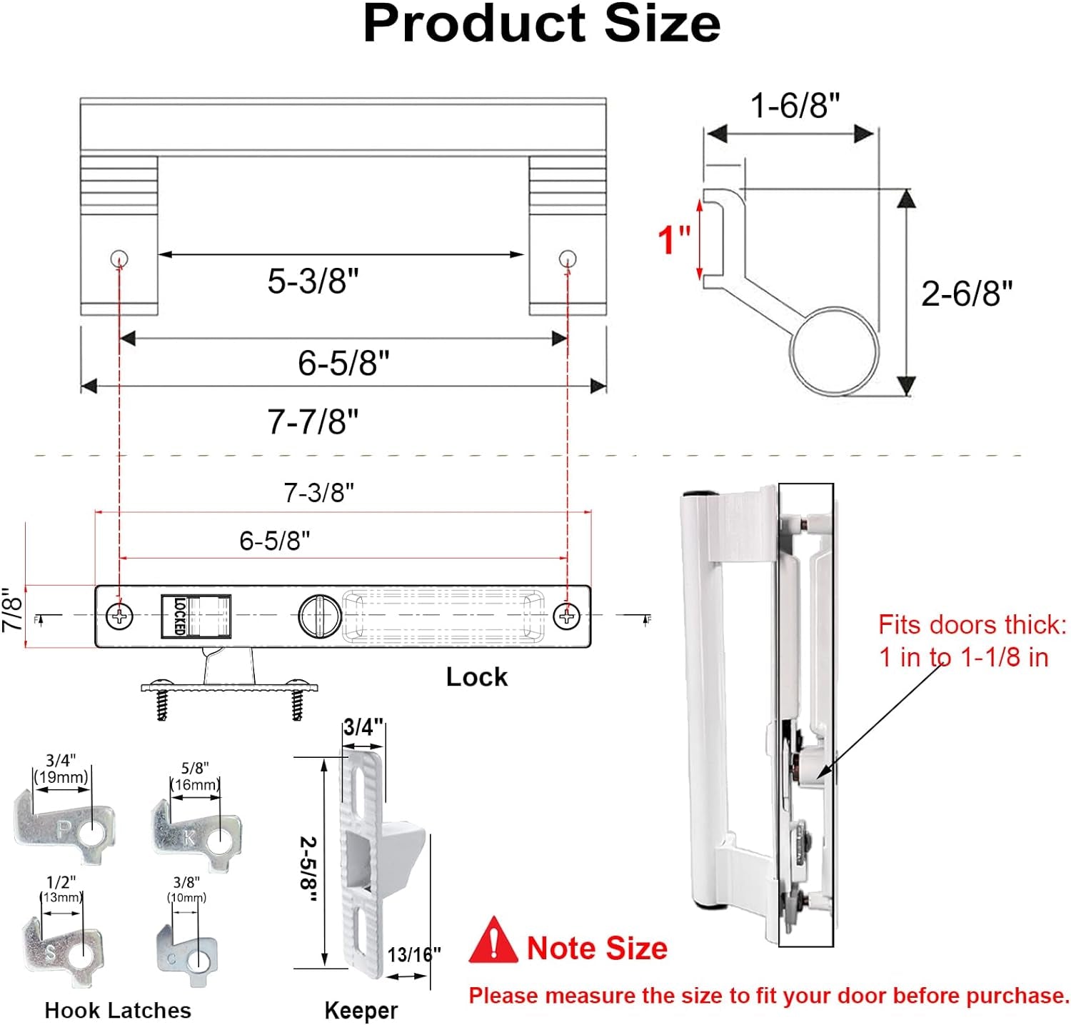 Sliding Glass Door Handle Set with Lock - Easy to Install,Patio Sliding Door Handle Fits for 1 to 1-1/8 Door Thickness,6-5/8" Screw Hole Spacing,Perfectly Replacement for Old Handle(White)