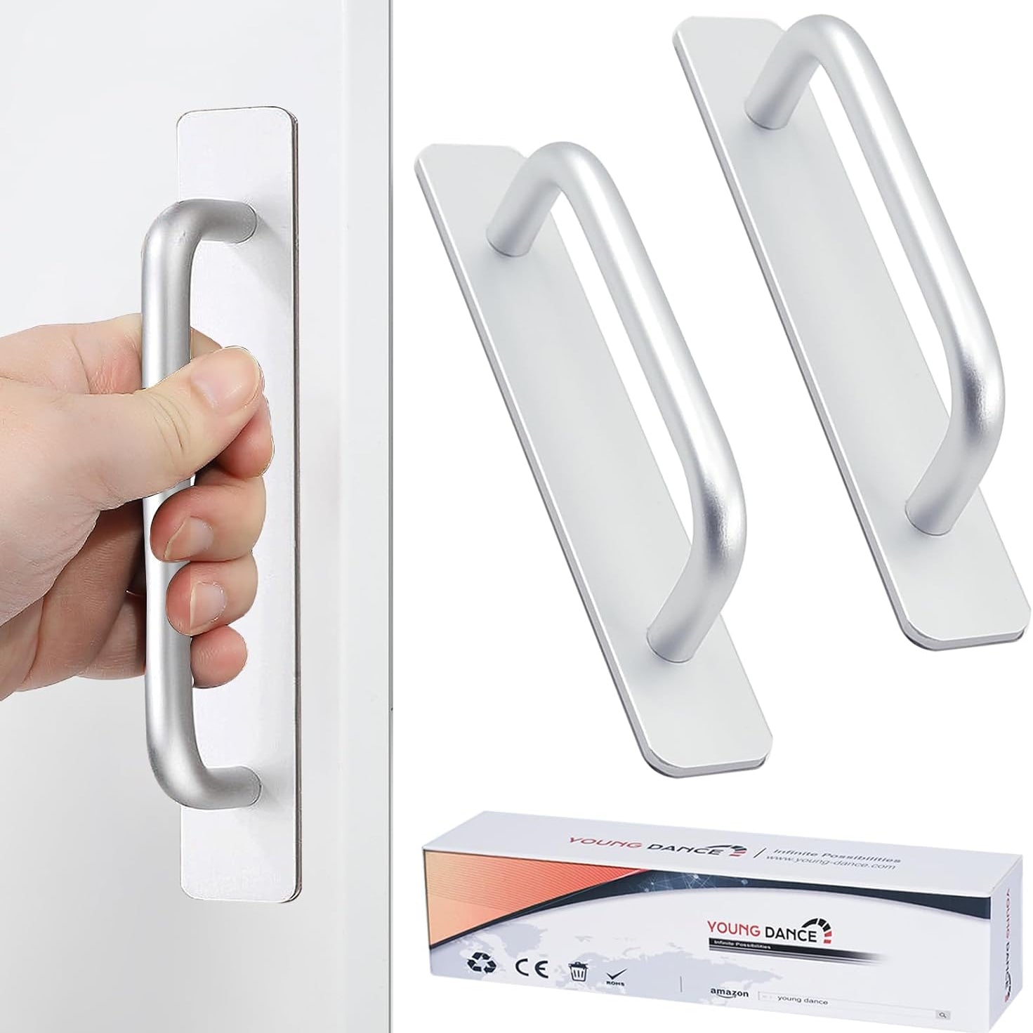 Self-Stick Instant Cabinet Drawer Handles Pulls - 2Pcs Aluminum Alloy Drawer Push Pull Handles Helper with Adhesive Door Handle for Kitchen Cabinet Drawer Window Sliding Closet (5.83", Silver)