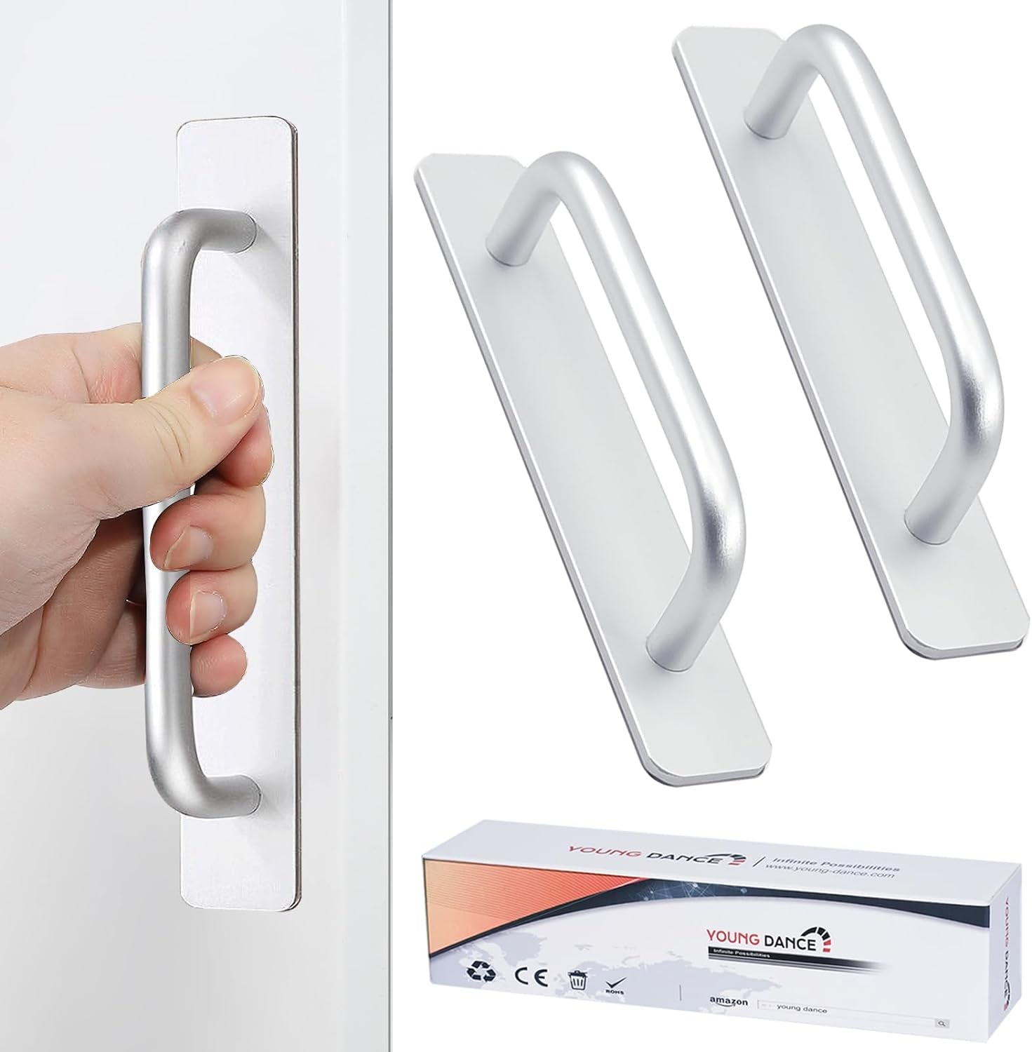 Self-Stick Instant Cabinet Drawer Handles Pulls - 2Pcs Aluminum Alloy Drawer Push Pull Handles Helper with Adhesive Door Handle for Kitchen Cabinet Drawer Window Sliding Closet (5.83", Silver)