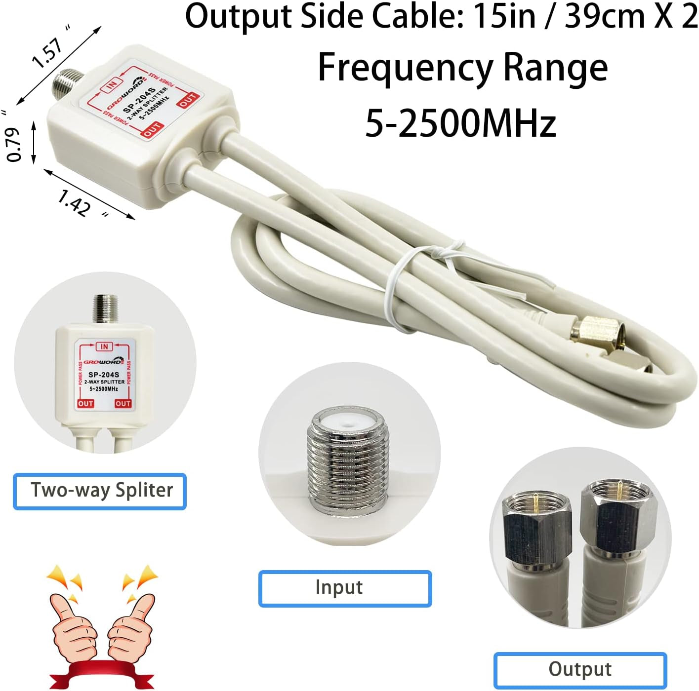 Satellite Splitter 5-2500Mhz, 2-Way CATV Splitter with RG6 Coaxial Cable and 2 Connectors, for Pass Power to LNB, Improve HD TV Satellite Antenna Signal Quality, Corrosion Resistant