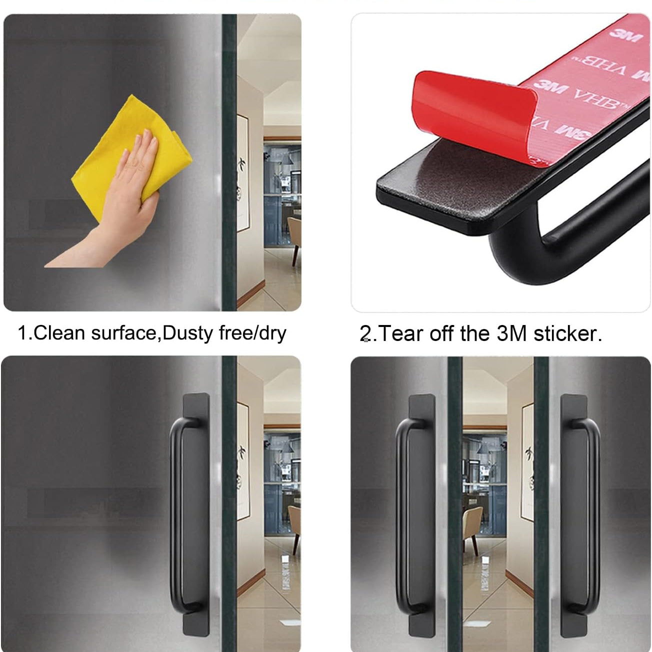Adhesive Cabinet Door Handles Pulls - 2Pcs Stick on Handle No Drilling Shower Door Handle, Self Stick Cabinet Handles for Kitchen Cabinet Drawer Window Sliding Screen Door (148Mm, Black)