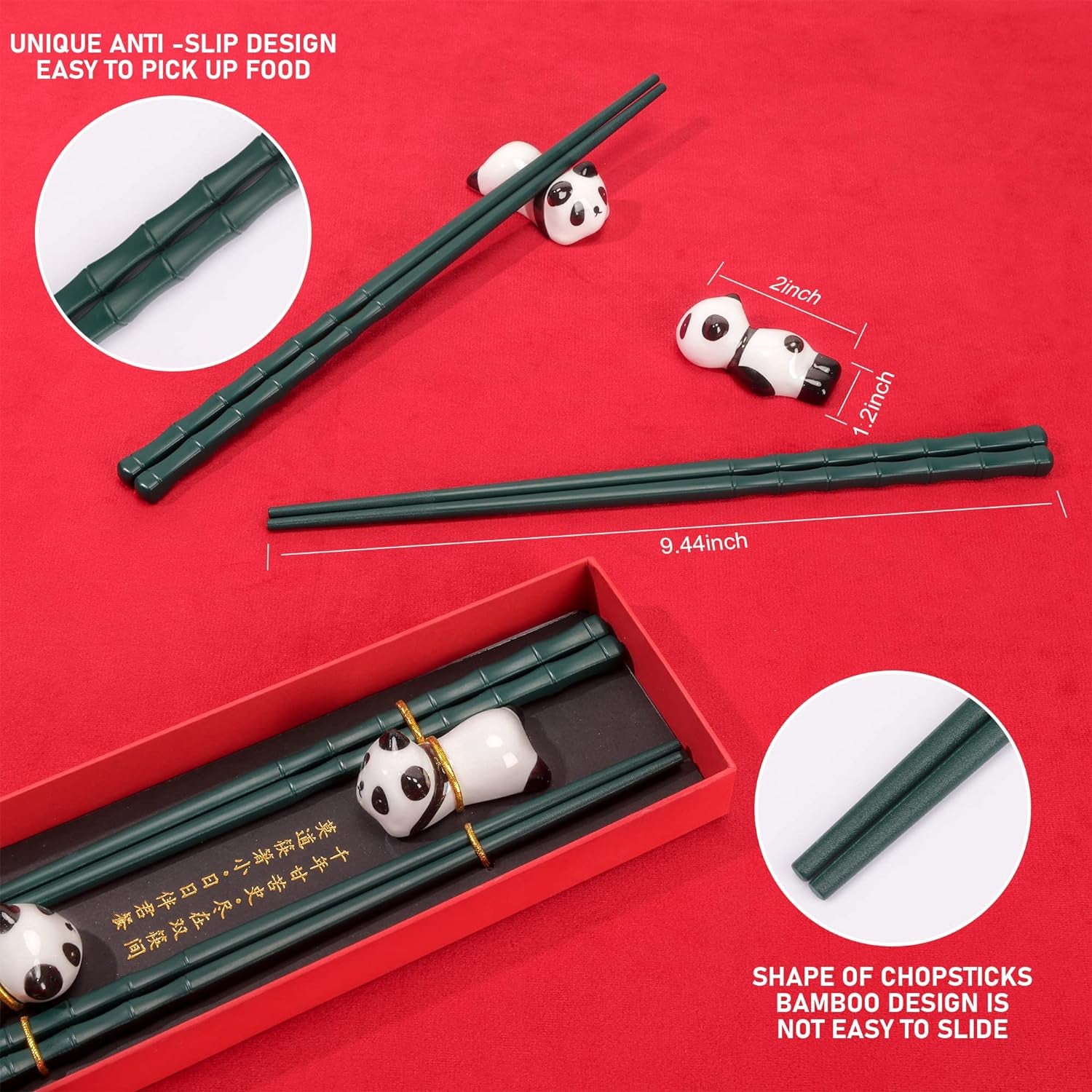 Non-Slip Chopsticks and Chopstick Rest Gift Set, 2 Pairs Reusable Panda Chopsticks with Red Gift Case, Dishwasher Safe Chopsticks with Cute Panda Holders for Thanksgiving Day, Christmas(Green）