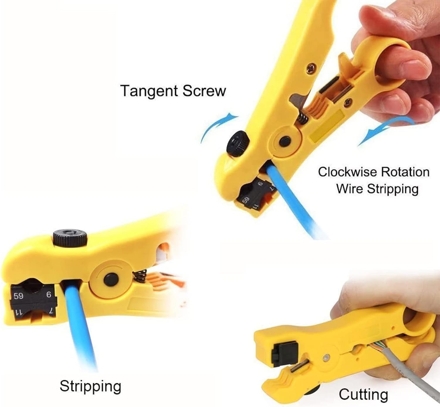 Universal Wire Stripping and Cutting Tool for Flat or round UTP, FTP, STP, Cat5E, Cat6, Cat6A Ethernet, RG59, RG6, RG7, RG11 Coax Cable, Adjustable Blade Depth