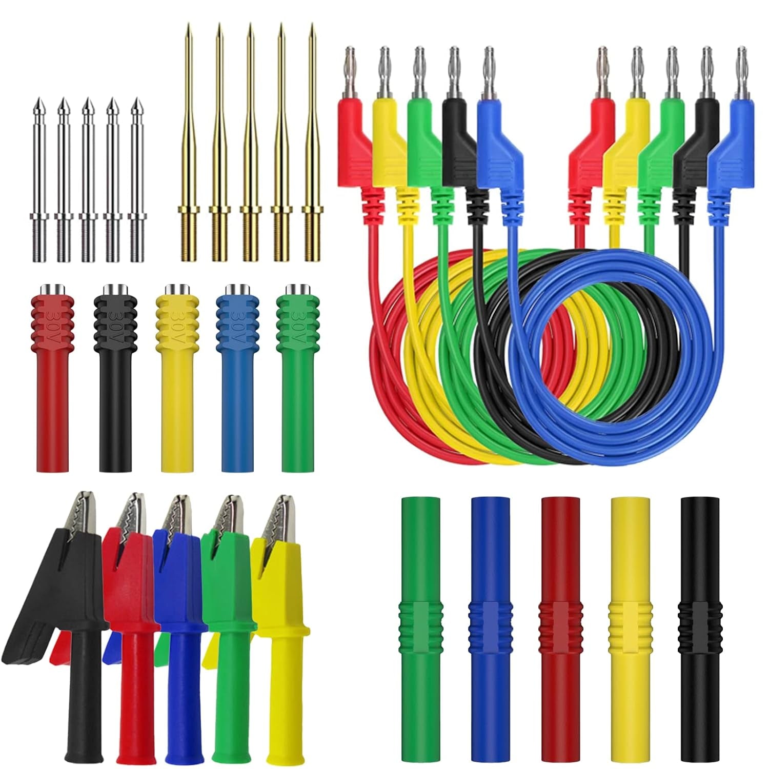 30 Pcs Banana Plug Silicone Test Leads Kit, 4Mm Stackable Banana Plug with Threading Probe, Alligator Clips, Probe Holder, Connection Hose ，Automotive Test Leads for Multimeter