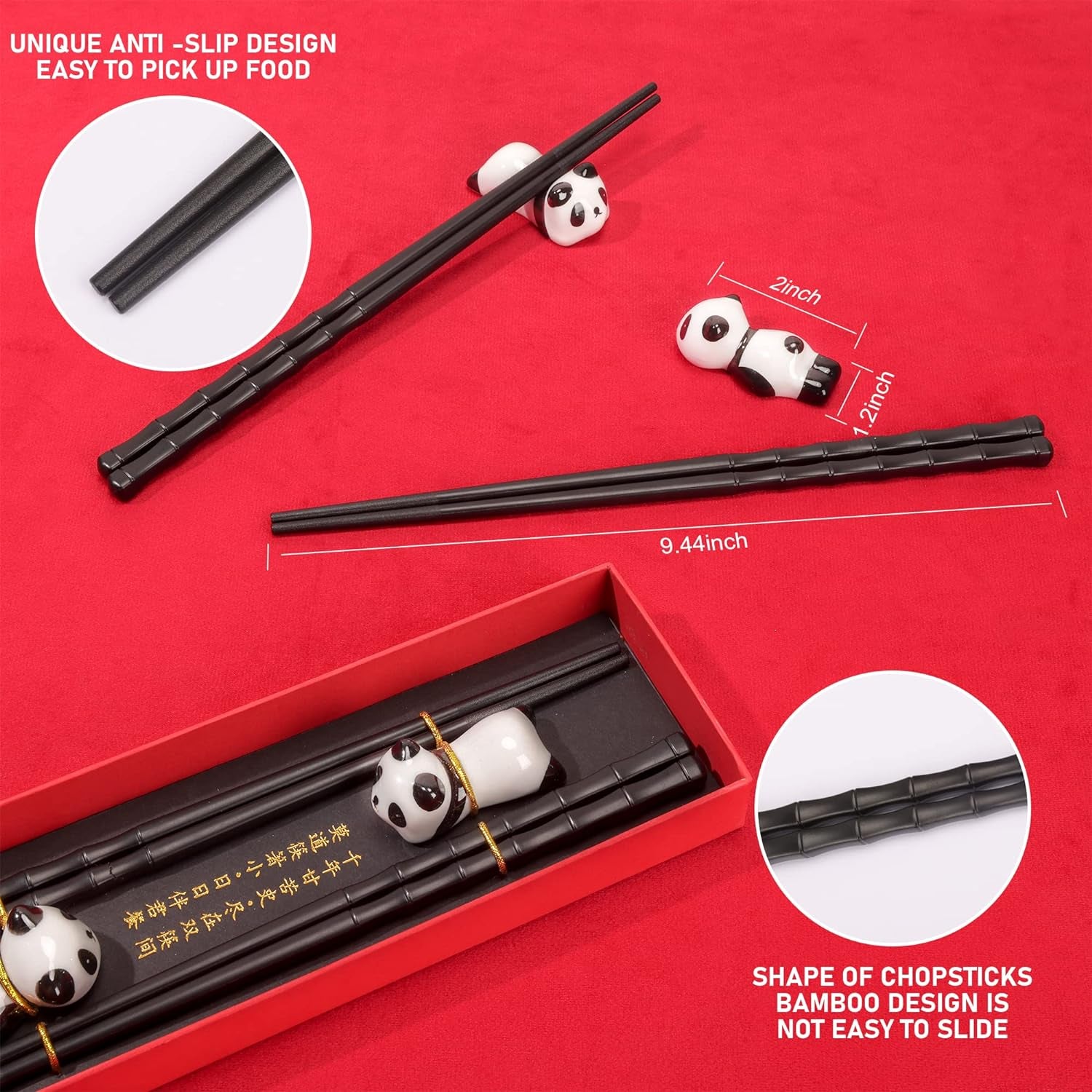 Non-Slip Chopsticks and Chopstick Rest Gift Set, 2 Pairs Reusable Panda Chopsticks with Red Gift Case, Dishwasher Safe Chopsticks with Cute Panda Holders for Thanksgiving Day, Christmas(Black)