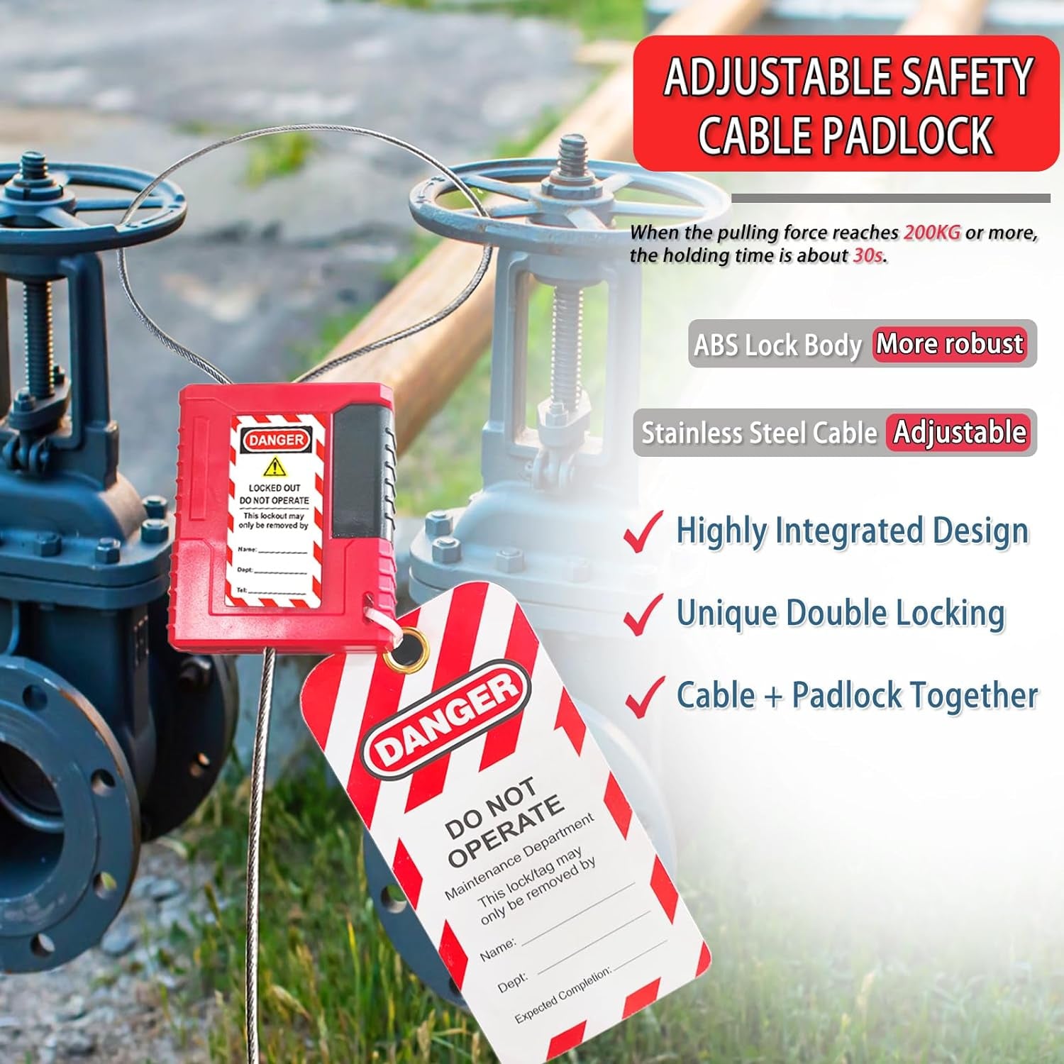 Lockout Tagout Cable Lock - 3.3Ft Adjustable Cable Lock, Steel Cable Lock with Vinyl Coating, Loto Cable for Lock Out Tag Out, Premium Grade, OSHA Compliant 0.16" Diameter,