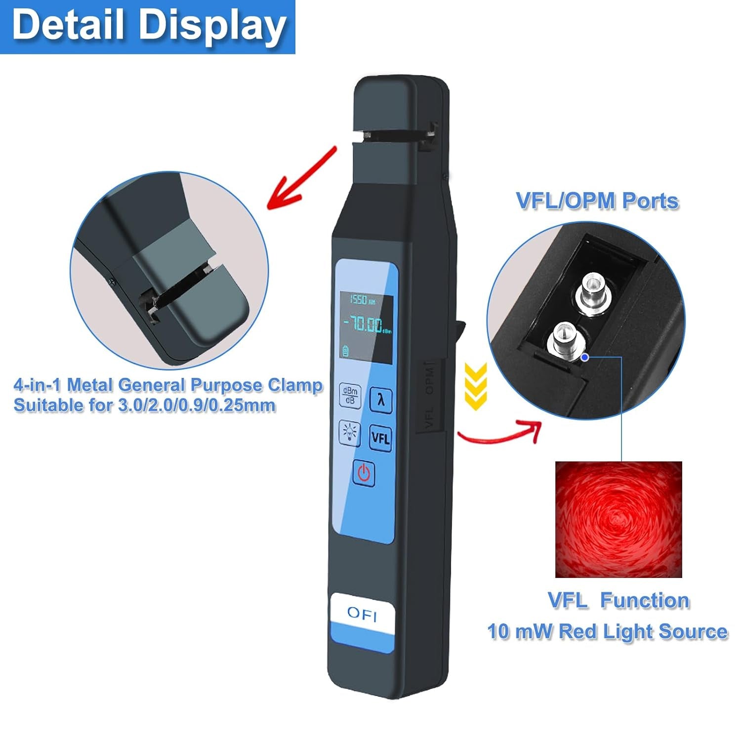 Optical Fiber Identifier with Wave Respond 800-1700Nm,Detection Rang +13~-50Dbm,Built in 10Mw VFL and Optical Power Meter OPM -50~+26Db Functions FTTH Tool with LED Color Screen