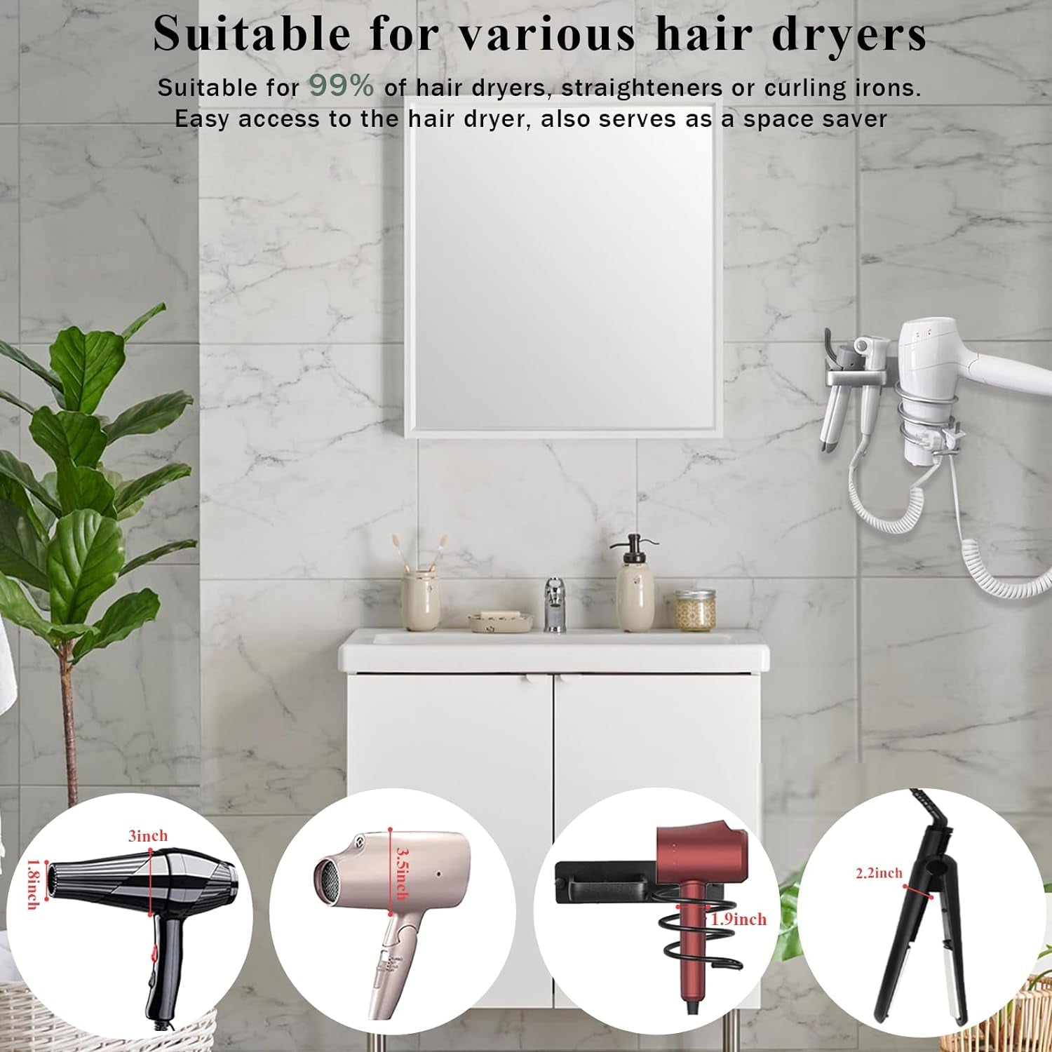 Hair Dryer Holder - Hair Tool Organizer Wall Mount, Aluminum Blow Dryer Holder with Self Adhesive and Drilling Install Options, Flat Iron/Curling Iron/Straightener Holder for Bathroom