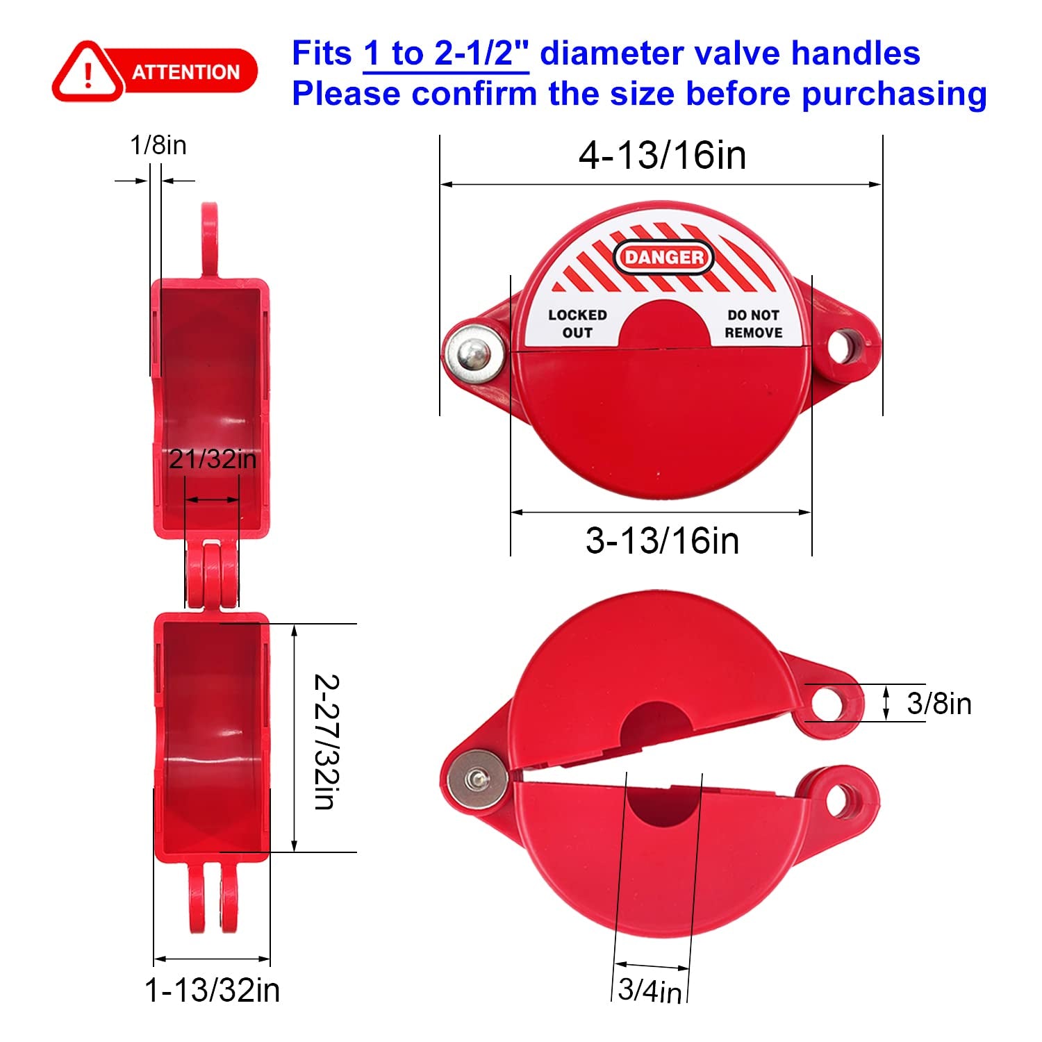 Gate Valve Lockout and Safety Padlock, 1Set, Hose Bib Lock for Outdoor Faucet Knob/Water Spigot/Propane Tank, 1 to 2-1/2 in Dia Valve Handles, Plastic Red Secure Lock Device for outside Garden Valve